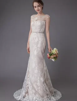 Lace Wedding Dress Champagne Jewel Sleeveless Backless Mermaid Beach Wedding Gown With Train