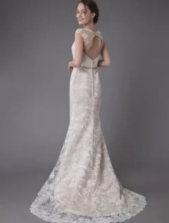 Lace Wedding Dress Champagne Jewel Sleeveless Backless Mermaid Beach Wedding Gown With Train