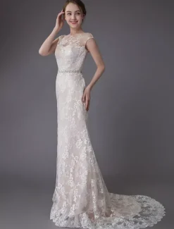 Lace Wedding Dress Champagne Jewel Sleeveless Backless Mermaid Beach Wedding Gown With Train