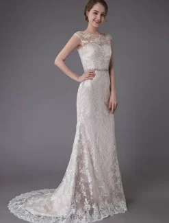 Lace Wedding Dress Champagne Jewel Sleeveless Backless Mermaid Beach Wedding Gown With Train