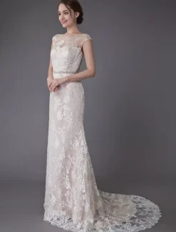 Lace Wedding Dress Champagne Jewel Sleeveless Backless Mermaid Beach Wedding Gown With Train