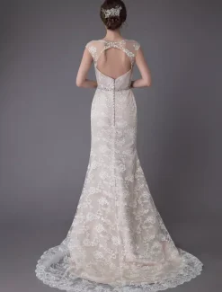 Lace Wedding Dress Champagne Jewel Sleeveless Backless Mermaid Beach Wedding Gown With Train