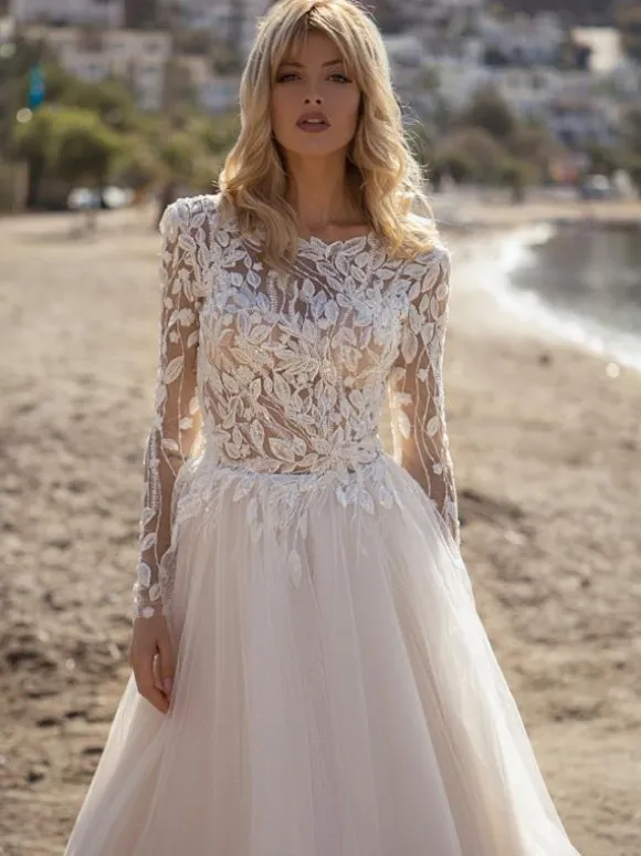 Lace Wedding Dress Court Train A-Line Long Sleeves Tulle Jewel Neck Bridal Gowns