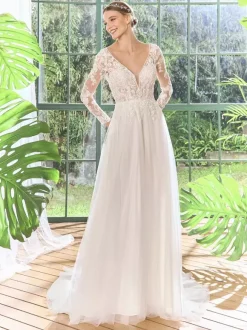 Lace Wedding Dress V-Neck Long Sleeves With Train Lace Bridal Gowns