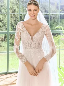 Lace Wedding Dress V-Neck Long Sleeves With Train Lace Bridal Gowns