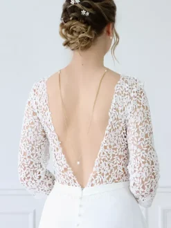 Lace Wedding Dress V-Neck 3/4 Length Sleeves With Train Satin Fabric Bridal Gowns