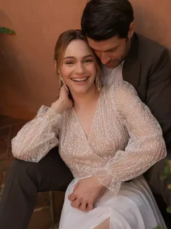 Lace Wedding Dress With Train A-Line Long Sleeves Lace V-Neck Bridal Gowns