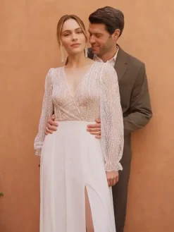 Lace Wedding Dress With Train A-Line Long Sleeves Lace V-Neck Bridal Gowns