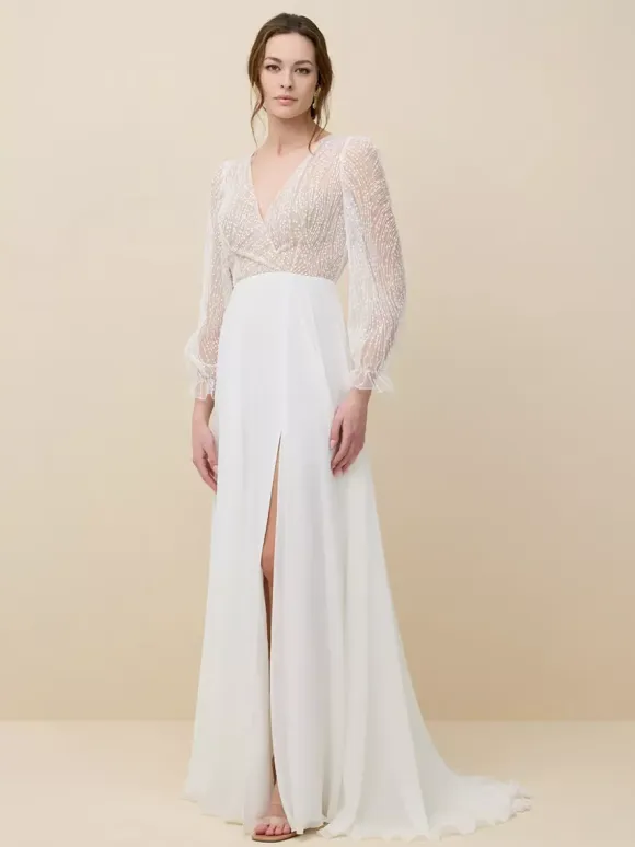 Lace Wedding Dress With Train A-Line Long Sleeves Lace V-Neck Bridal Gowns