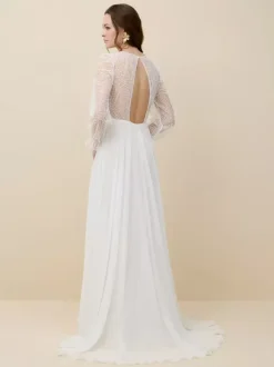 Lace Wedding Dress With Train A-Line Long Sleeves Lace V-Neck Bridal Gowns