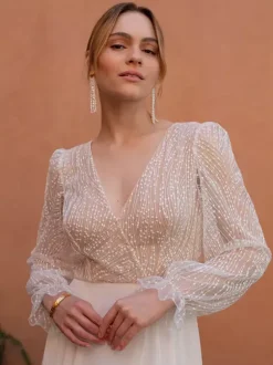 Lace Wedding Dress With Train A-Line Long Sleeves Lace V-Neck Bridal Gowns