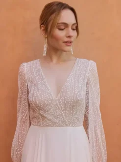 Lace Wedding Dress With Train A-Line Long Sleeves Lace V-Neck Bridal Gowns