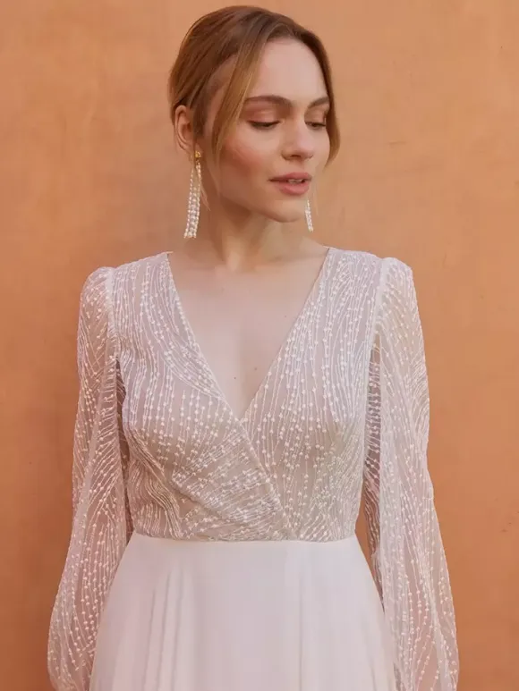 Lace Wedding Dress With Train A-Line Long Sleeves Lace V-Neck Bridal Gowns