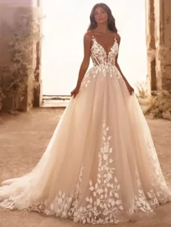 Lace Wedding Dress With Train A-Line Sleeveless Tulle V-Neck Bridal Gowns