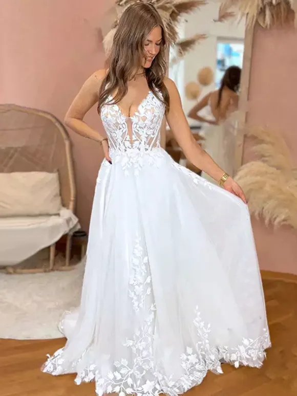 Lace Wedding Dress With Train A-Line Sleeveless Tulle V-Neck Bridal Gowns