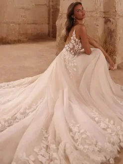 Lace Wedding Dress With Train A-Line Sleeveless Tulle V-Neck Bridal Gowns