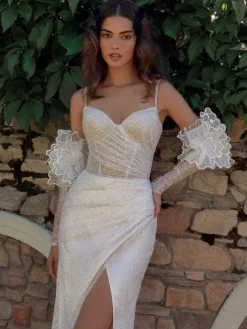 Lace Wedding Dress With Train 3/4 Length Sleeves Lace Sweetheart Neck Bridal Gowns