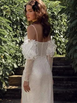 Lace Wedding Dress With Train 3/4 Length Sleeves Lace Sweetheart Neck Bridal Gowns