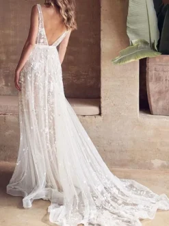 Lace Wedding Dress With Train A-Line Sleeveless V-Neck Bridal Gowns Free Customization