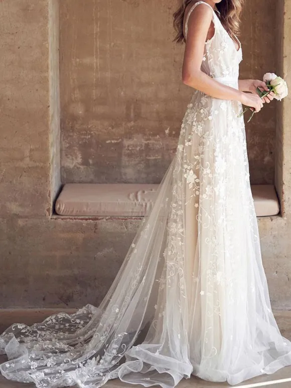 Lace Wedding Dress With Train A-Line Sleeveless V-Neck Bridal Gowns Free Customization