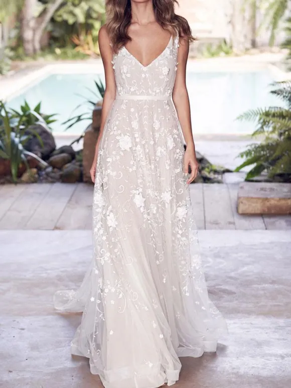 Lace Wedding Dress With Train A-Line Sleeveless V-Neck Bridal Gowns Free Customization