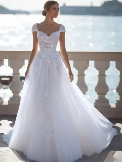 Lace Wedding Dress With Train A-Line Short Sleeves Lace Sweetheart Neck Bridal Gowns