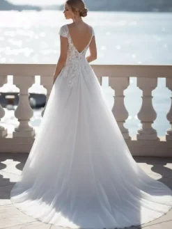 Lace Wedding Dress With Train A-Line Short Sleeves Lace Sweetheart Neck Bridal Gowns