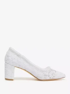 Lace Wedding Shoes Chunky Heel Pointed Toe Slip On Bridal Shoes