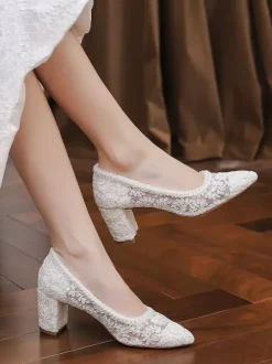 Lace Wedding Shoes Chunky Heel Pointed Toe Slip On Bridal Shoes