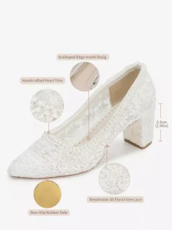 Lace Wedding Shoes Chunky Heel Pointed Toe Slip On Bridal Shoes