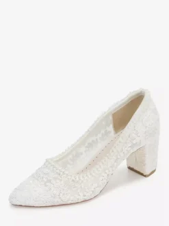 Lace Wedding Shoes Chunky Heel Pointed Toe Slip On Bridal Shoes