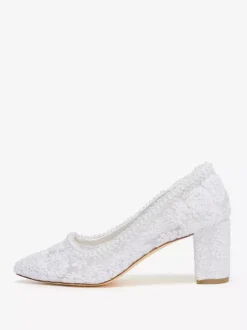 Lace Wedding Shoes Chunky Heel Pointed Toe Slip On Bridal Shoes