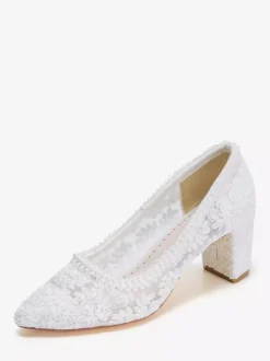 Lace Wedding Shoes Chunky Heel Pointed Toe Slip On Bridal Shoes