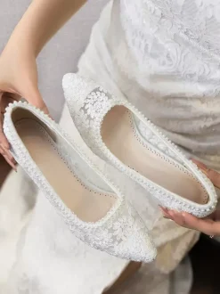 Lace Wedding Shoes Chunky Heel Pointed Toe Slip On Bridal Shoes