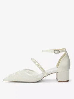 Lace Wedding Shoes Chunky Heel Pointed Toe Pearls Low Heel Bridal Shoes