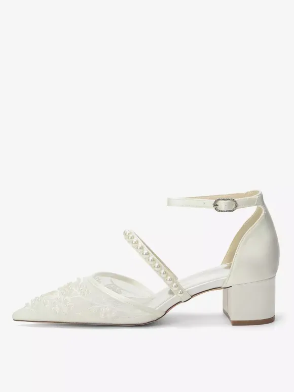 Lace Wedding Shoes Chunky Heel Pointed Toe Pearls Low Heel Bridal Shoes