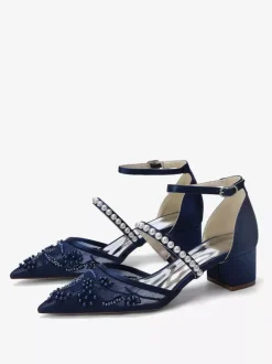Lace Wedding Shoes Chunky Heel Pointed Toe Pearls Low Heel Bridal Shoes