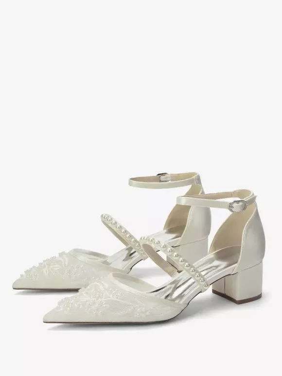 Lace Wedding Shoes Chunky Heel Pointed Toe Pearls Low Heel Bridal Shoes