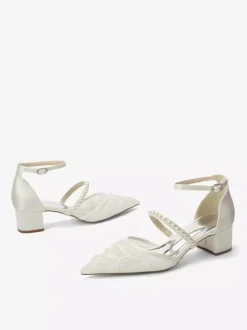 Lace Wedding Shoes Chunky Heel Pointed Toe Pearls Low Heel Bridal Shoes