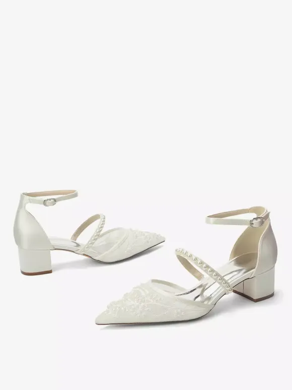 Lace Wedding Shoes Chunky Heel Pointed Toe Pearls Low Heel Bridal Shoes