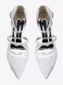Lace Wedding Shoes Chunky Heel Pointed Toe Pearls Low Heel Bridal Shoes