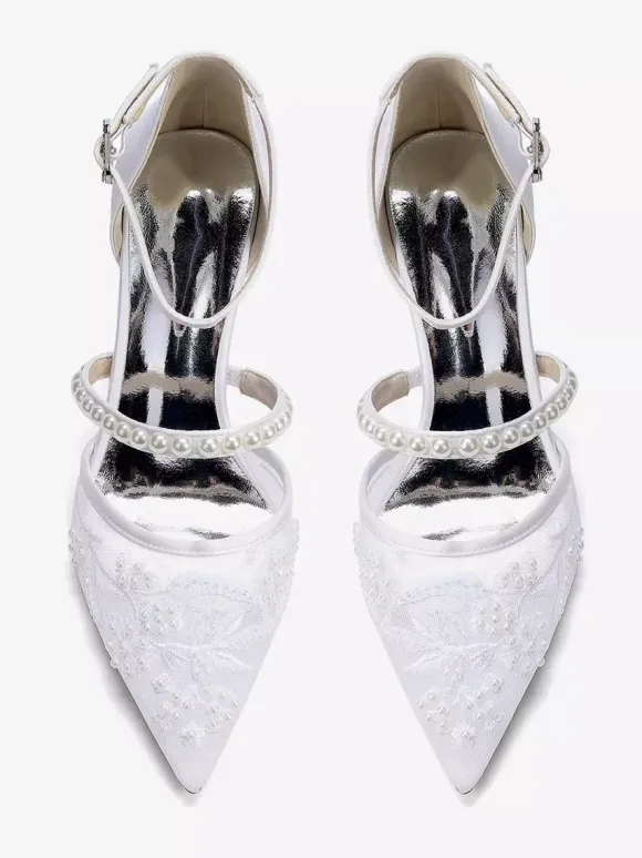 Lace Wedding Shoes Chunky Heel Pointed Toe Pearls Low Heel Bridal Shoes