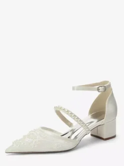 Lace Wedding Shoes Chunky Heel Pointed Toe Pearls Low Heel Bridal Shoes