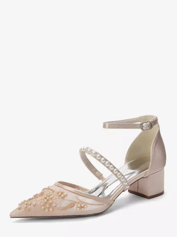 Lace Wedding Shoes Chunky Heel Pointed Toe Pearls Low Heel Bridal Shoes