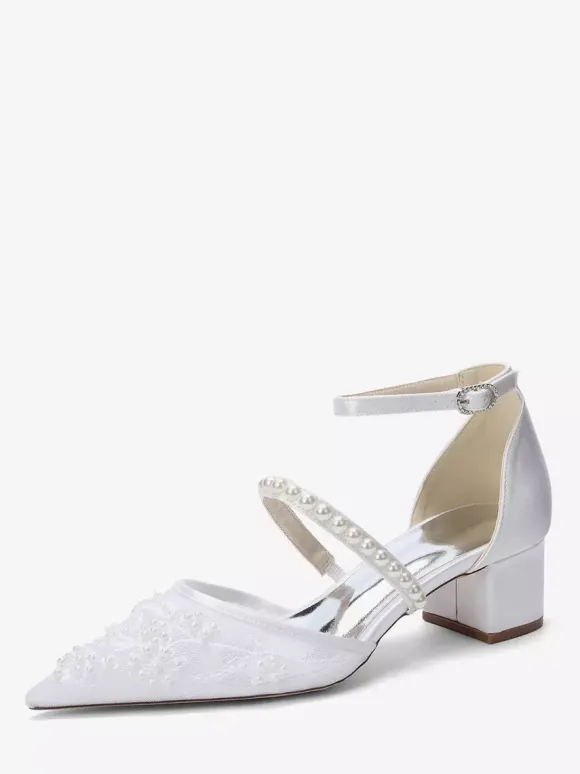 Lace Wedding Shoes Chunky Heel Pointed Toe Pearls Low Heel Bridal Shoes