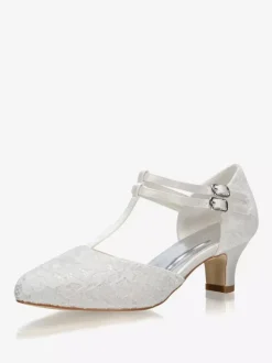 Lace Wedding Shoes Ivory Pointed Toe T Type Buckle Detail Vintage Bridal Shoes
