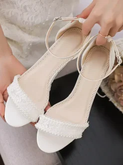 Lace Wedding Shoes Open Toe Pearls Wedge Heel Ankle Strap Bridal Shoes