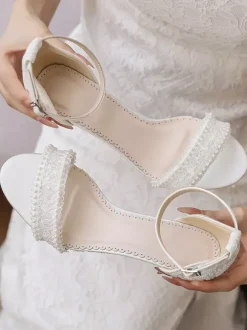 Lace Wedding Shoes Open Toe Pearls Wedge Heel Ankle Strap Bridal Shoes