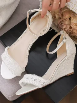 Lace Wedding Shoes Open Toe Pearls Wedge Heel Ankle Strap Bridal Shoes