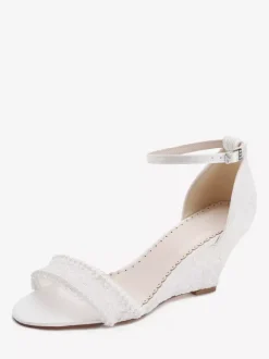 Lace Wedding Shoes Open Toe Pearls Wedge Heel Ankle Strap Bridal Shoes